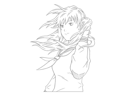 セーラー服を着ている女子高生(モノクロ) セーラー服,ロングヘアー,高校生,制服,学生,萌え系,女性,手書き,可愛い,美人のイラスト素材