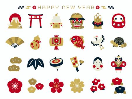 和の素材セット04縁起物 年賀状,素材,モチーフ,お正月,アイコン,飾り,和風,和,門松,鏡餅のイラスト素材