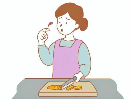 手を包丁で切ったママさん 手,切る,ケガ,切り傷,包丁,料理,まな板,人参,ママ,人のイラスト素材