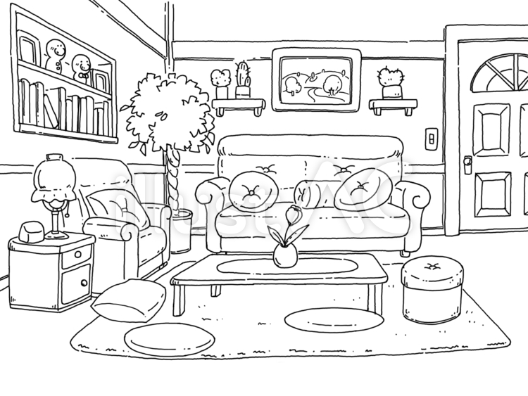 リビング　洋室　線画 背景,風景,手書きのイラスト素材