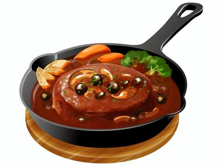 煮込みハンバーグ（スキレット）1 ハンバーグ,煮込み,デミグラスソース,洋食,料理,食べ物,ひき肉,しめじ,きのこ,ブロッコリーのイラスト素材