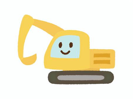 くるま_顔あり手描き_ショベルカー 車,ショベルカー,パワーショベル,工事,建設,重機,現場,自動車,乗り物,かわいいのイラスト素材