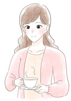 紅茶を飲む女性の水彩風イラスト 紅茶,お茶,飲む,ホットティー,女性,リラックス,休憩,冬,長袖,上半身のイラスト素材