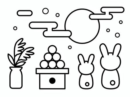 【秋】お月見セット（線画） お月見,月,うさぎ,団子,ススキ,秋,行事,季節,シンプル,セットのイラスト素材