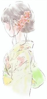 着物姿の女性の後ろ姿(俯き) 着物姿の女性の後ろ姿(俯き) 和服,和風,梅の花のイラスト素材