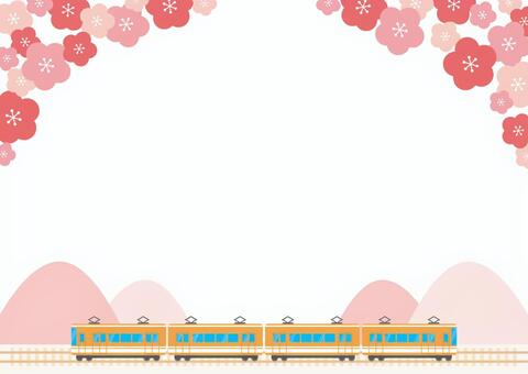 春の列車旅行　梅の花と山の背景2 梅の花,電車,背景,梅,春,旅行,横,横向き,壁紙,フレームのイラスト素材