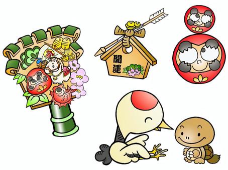 0106 午年 05（熊手・鶴亀） 熊手,絵馬,ダルマ,鶴,亀,年賀状,手書きのイラスト素材