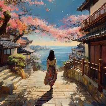海へ向かう女性