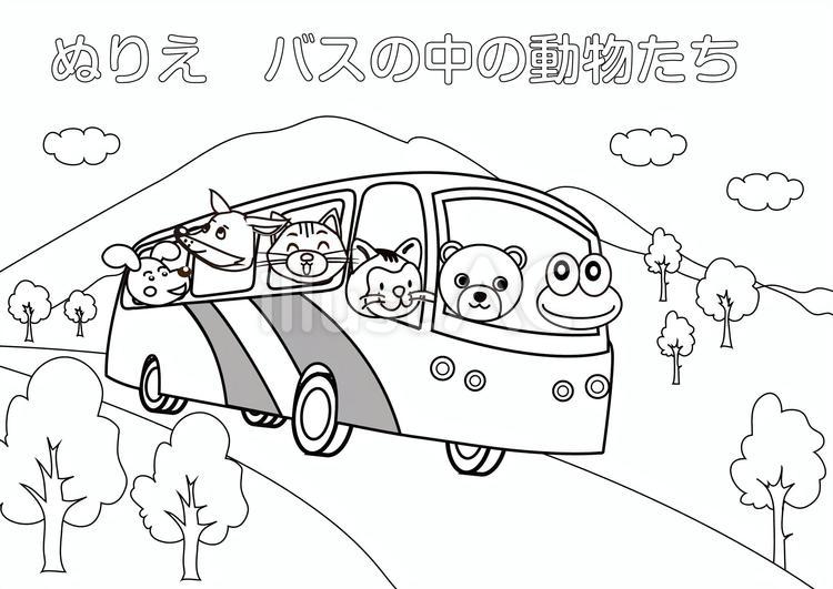 塗り絵 バスの中の動物たち・運転手のクマ 塗り絵,運転手,バスのイラスト素材