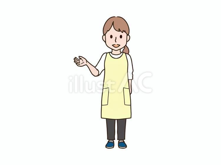 片手を上げる女性_エプロンyellow 大人,女性,全身のイラスト素材