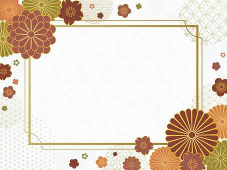 和の花柄のゴールドフレーム  オレンジ,緑,茶色,花柄,新年,謹賀新年,菊,梅,桜,鹿の子のイラスト素材