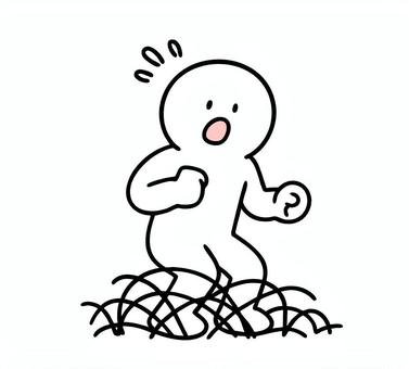 行動できずに焦っている棒人間 絡まる,焦る,汗,困る,動けない,棒人間,挿絵,線画,キャラクター,手描きのイラスト素材