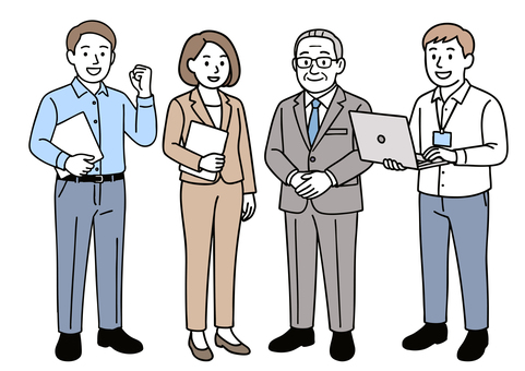 社長とIT機器を活用するビジネスチーム 協力,男性,女性,社長,ceo,50代,60代,チームワーク,ビジネス,チームのイラスト素材
