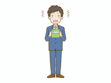 スーツを着た男性が通帳を見て驚く スーツ,男性,驚く,びっくり,ショック,貯金,通帳,普通預金,定期預金,口座のイラスト素材