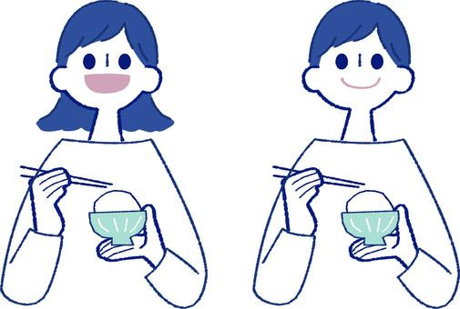 茶碗と箸を持つ男性と女性のイラスト 上半身,女性,人物,男性,ごはん,食事,笑顔,ベクター,食べる,かわいいのイラスト素材