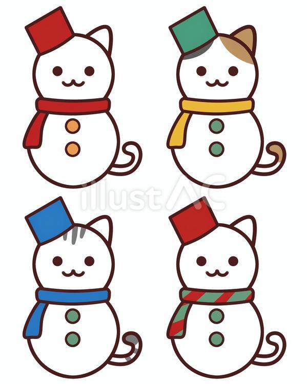 ねこゆきだるまセット スノーマン,マフラー,バケツのイラスト素材