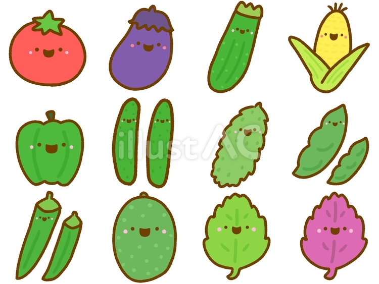 ゆるい野菜アイコン（夏）•セット 野菜,トマト,ナスのイラスト素材