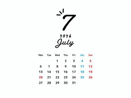 2026年7月のお洒落なカレンダー カレンダー,7月,2026,月間,シンプル,月別,祝日,海の日,夏,夏休みのイラスト素材