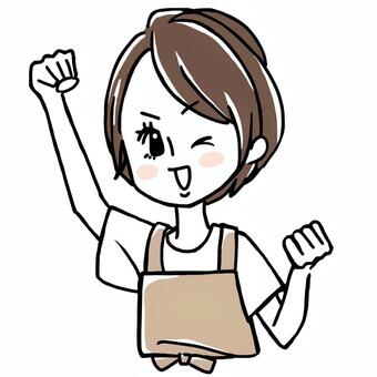 エプロン姿でガッツポーズの女性 女性,エプロン,かわいい,おしゃれ,先生,保育園,保育士,幼稚園,家事,掃除のイラスト素材