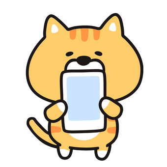 スマホ持つネコ ネコ,猫,動物,手描き,手書き,生活,ビジネス,スマホ,スマートフォン,かかげるのイラスト素材