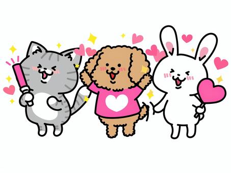 推し活！ピンク担当の犬猫兎トリオ 推し活,桃色,ピンク担当,推し事,推しメン,好き,愛,オタ活,尊い,コンサートのイラスト素材