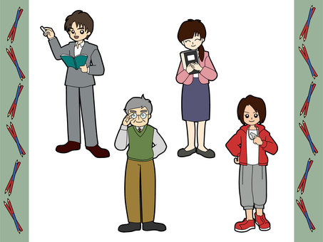 教師セット 教師,先生,学校,男性,女性,ベテラン,体育教師,スーツ,ジャージ,ホイッスルのイラスト素材