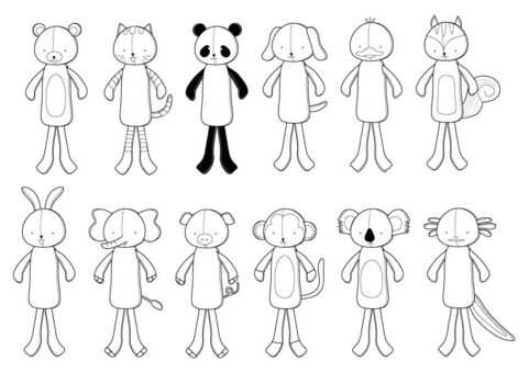 ぬいぐるみ動物モノクロ ぬいぐるみ,動物,モノクロ,くま,ねこ,パンダ,いぬ,アヒル,リス,うさぎのイラスト素材