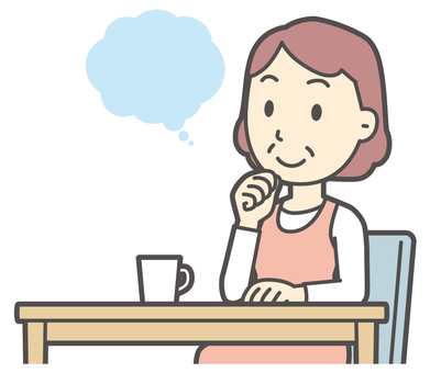  机で想像をめぐらせているおばさん 想像,女性,人,主婦,中年,シニア,エプロン,ママ,お母さん,おかんのイラスト素材