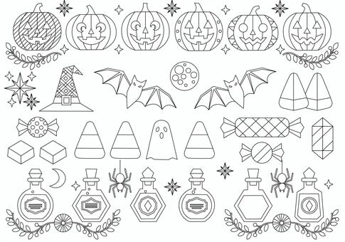 ハロウィンアイコンの詰め合わせぬりえ ハロウィン,かぼちゃ,ぬりえ,おばけ,カボチャ,コウモリ,塗り絵,魔女,行事,キャンディのイラスト素材