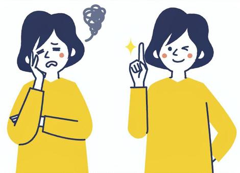 モヤモヤ顔とスッキリ顔 悩む,ひらめく,女性,上半身,かわいい,カラフル,シンプル,モヤモヤ,笑顔,ウィンクのイラスト素材