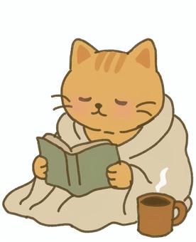 毛布にくるまり読書するネコ 毛布,ブランケット,読書,本,コーヒー,あたたかい,飲み物,休憩,リラックス,動物のイラスト素材