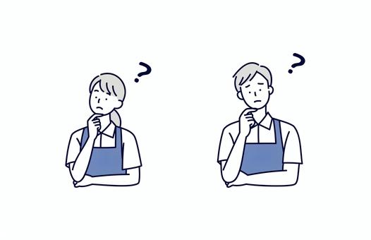 困惑した表情のエプロン姿の男女 人物,女性,男性,エプロン,はてな,困る,悩む,考える,ポーズ,制服のイラスト素材