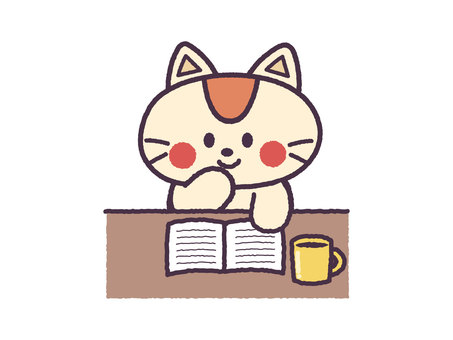 読書しながらリラックスするネコさん 読書,本,勉強,教科書,宿題,リラックス,コーヒー,チル,休日,猫のイラスト素材