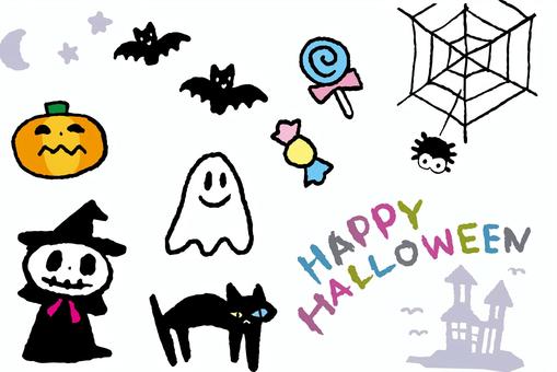 ハロウィンのアイテム ハロウィン,がいこつ,かぼちゃ,おばけ,ゴースト,黒猫,こうもり,蜘蛛,蜘蛛の巣,ハッピーハロウィンのイラスト素材