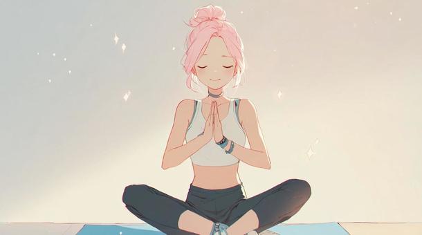 ヨガポーズで瞑想するピンク髪の女の子