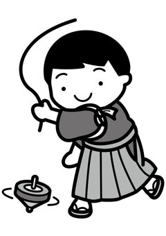 コマ回し-2c コマ回し,正月,遊び,コマ,着物,袴,たすき掛け,草履,足袋,笑顔のイラスト素材