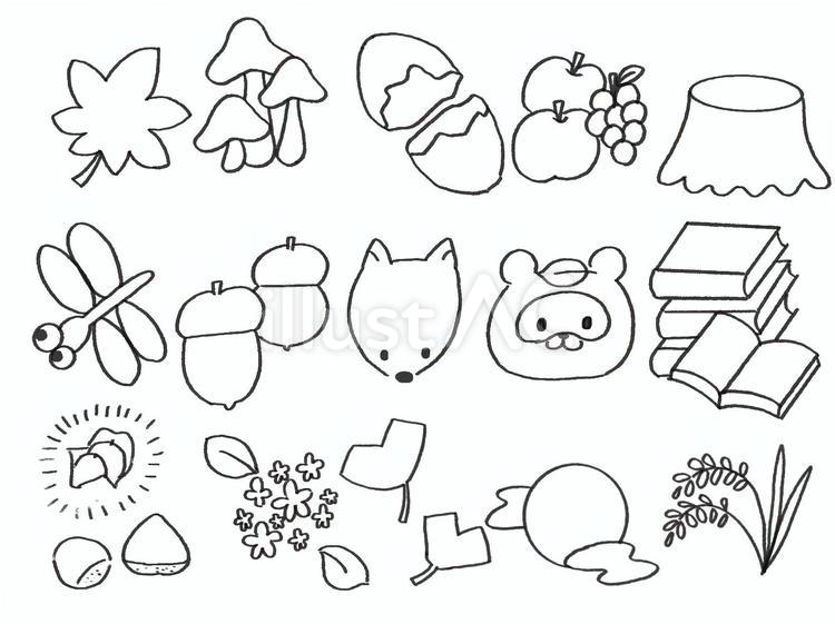 秋のモチーフぬりえセット 秋,もみじ,きのこのイラスト素材