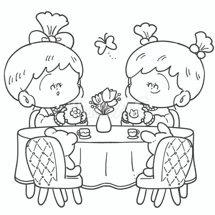 おままごとをする子どもの白黒イラスト ままごと,子ども,かわいいのイラスト素材