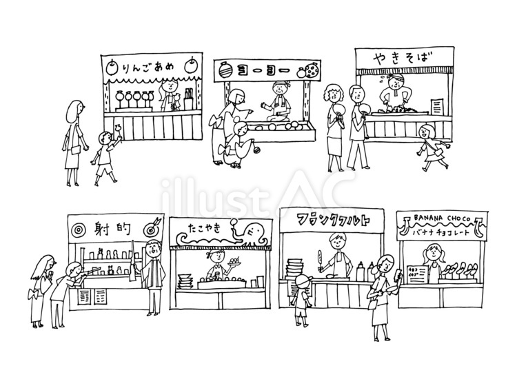 屋台（２）モノクロ線画 夏祭り,夏,縁日のイラスト素材