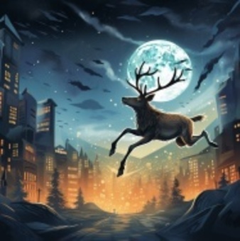 Reindeer running around the city at night, , JPG