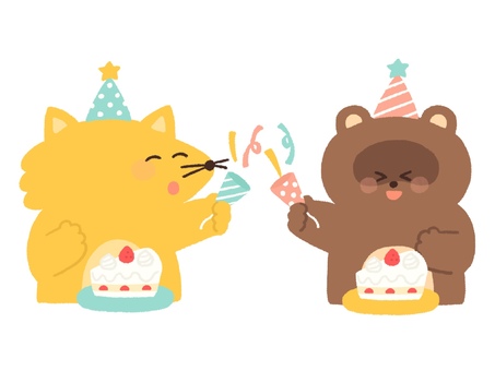 クラッカーを鳴らすキツネとタヌキ キツネ,タヌキ,クラッカー,動物,ケーキ,楽しい,ショートケーキ,パーティー,誕生日,クリスマスのイラスト素材