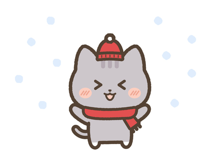 雪に喜ぶ冬の装いのねこ（サバトラ） ねこ,雪,遊ぶ,喜ぶ,マフラー,帽子,防寒,装い,冬,季節のイラスト素材
