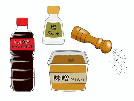調味料セット 調味料,しょうゆ,みそ,しお,コショウ,soy-sauce,seasoning,salt,miso,pepperのイラスト素材