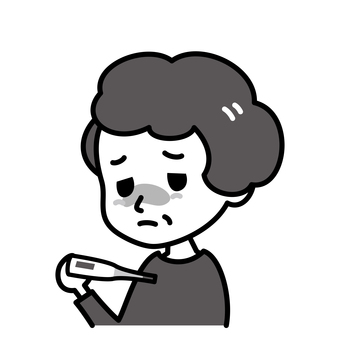 シニア女性　発熱　白黒 発熱,病気,白黒,高齢者,検温,体温計,体温,中年,風邪,インフルエンザのイラスト素材