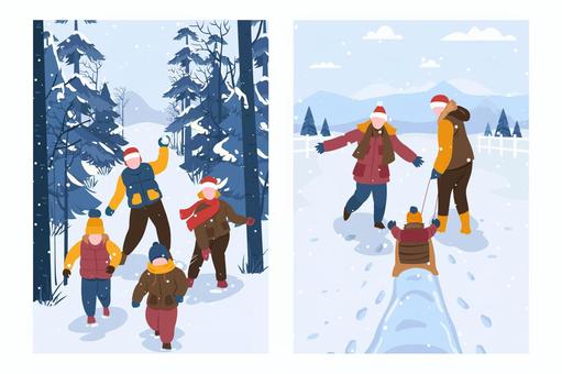 Winter outing set (family playing in the snow, etc.), , JPG, PNG and AI