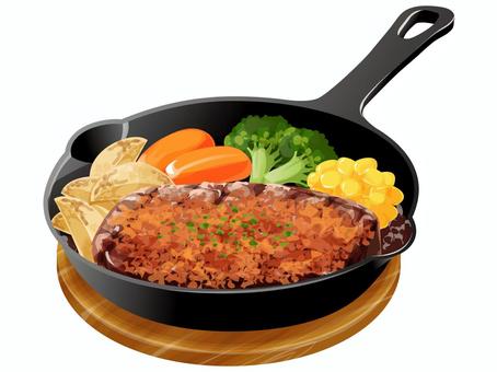 シャリアピンステーキ（スキレット） シャリアピンステーキ,ステーキ,料理,食べ物,牛肉,玉ねぎ,粉パセリ,ベイクドポテト,肉,にんじんのイラスト素材