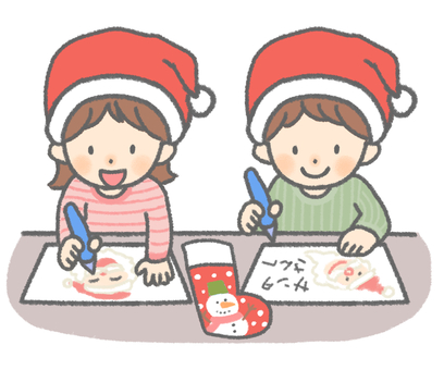 サンタクロースに絵と手紙を書く子ども クリスマス,サンタクロース,手紙,メッセージ,カード,お絵かき,お願い,靴下,ソックス,子どものイラスト素材