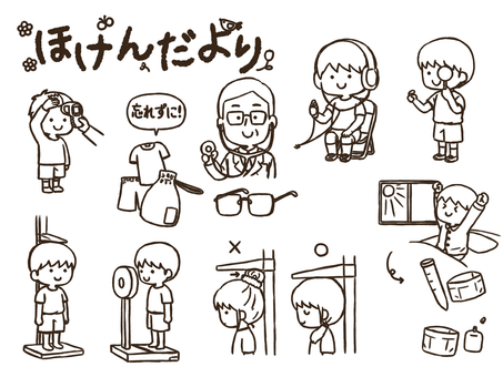 ほけんだよりに使えるセット(太線版) 保健,身体測定,身体検査,検温,体温計,おでこ,聴力検査,オージオメーター,視力検査,遮眼子のイラスト素材