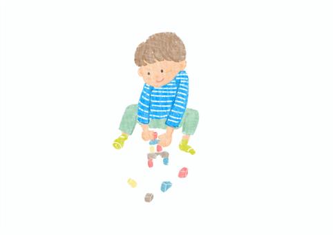 子供　イラスト 子供,幼児,小学生,遊び,積み木,一人遊び,集中,集中力,人間,人物のイラスト素材