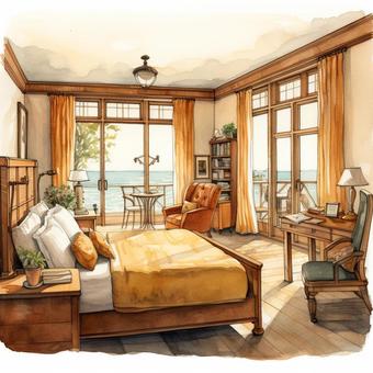 Illustration, watercolor painting, bedroom, sleep, 